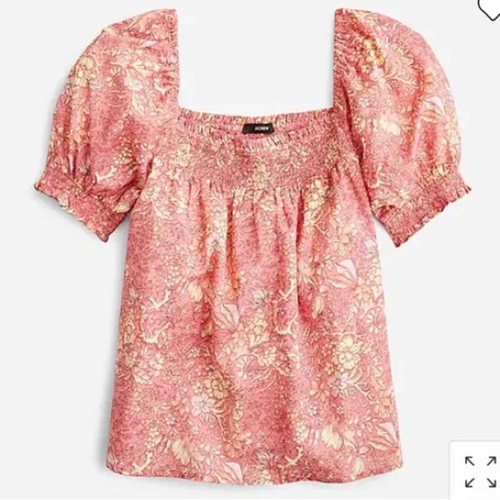 J Crew Pink Floral Puff Sleeve Square Neck Blouse— Size Large